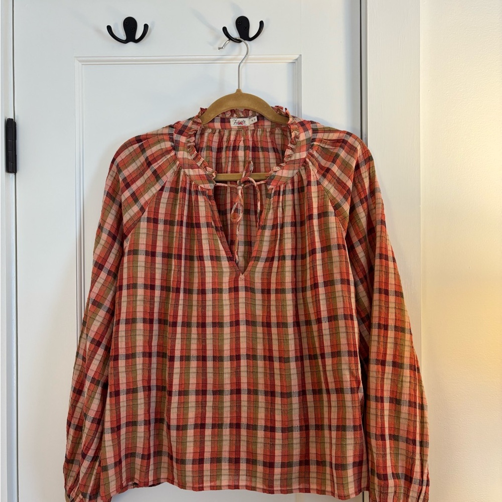 Faherty Red and Tan Plaid Blouse